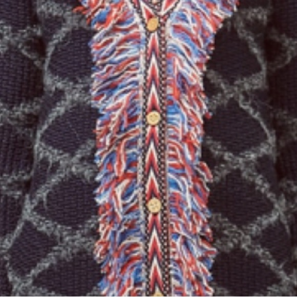 TORY BURCH TWEED TRIM LONG WOOL CARDIGAN WITH ALLOVER FRINGE IN TORY NAVY SIZE S - Picture 6 of 8
